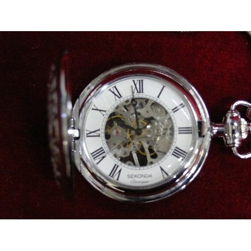 29 - A SKELETON SEKONDA CLASSIQUE MECHANICAL POCKET WATCH WITH CHAIN WORKING IN OWN BOX.