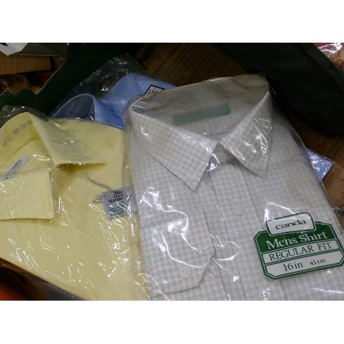 369 - FOUR NEW PACKAGED SHIRTS, A BOX OF PANTS AND A BOX OF HANDKERCHIEFS.