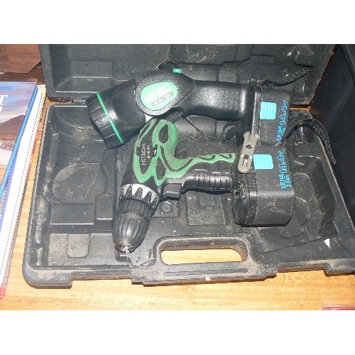 392 - CASED 12V DRILL WITH BATTERY AND CHARGER PLUS A FUTHER CASE WITH AN HITACHI DRILL AND A TORCH.