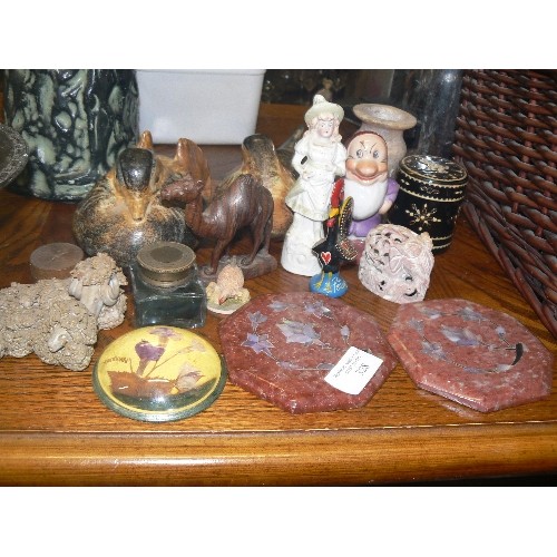 328 - NICE LOT OF VARIOUS ORNAMENTS AND COLLECTABLES INCLUDING A DISNEY DWARF, PAIR OF BIRDS, INK WELL ETC... 