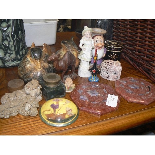 328 - NICE LOT OF VARIOUS ORNAMENTS AND COLLECTABLES INCLUDING A DISNEY DWARF, PAIR OF BIRDS, INK WELL ETC... 