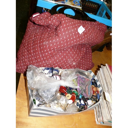 406 - BOX AND BAG OF VARIOUS VINTAGE TAPESTRY AND SEWING ITEMS.