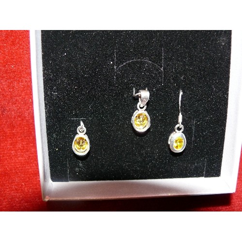 1 - OVAL CITRINE AND 925 SILVER EARRINGS AND MATCHING PENDANT SET, BOXED.