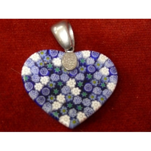 41 - BLUE GREEN AND WHITE HEART SHAPED MILLIFIORI STYLE PENDANT.