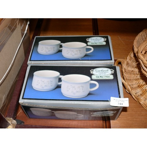 344 - TWO BOXED SETS OF HAND DECORATED STONEWARE SOUP MUGS.