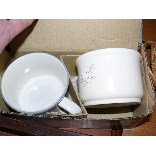 344 - TWO BOXED SETS OF HAND DECORATED STONEWARE SOUP MUGS.