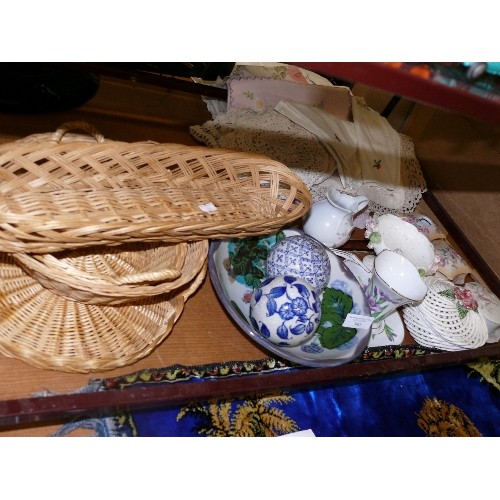 345 - VARIOUS DECORATIVE CHINA ITEMS PLUS A SELECTION OF WICKER BASKETS.