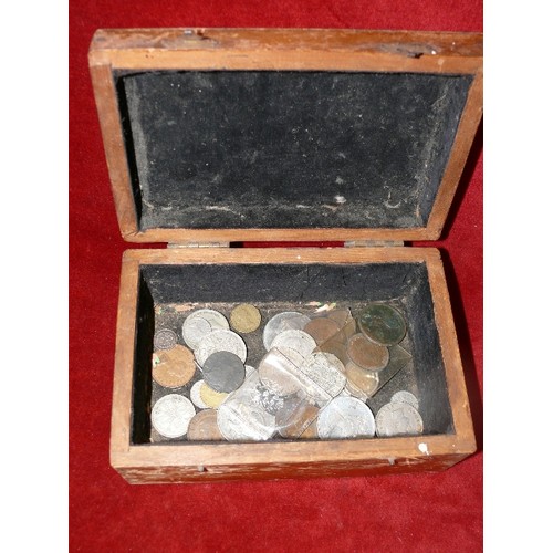 348 - VINTAGE WOODEN BOX WITH CONTENTS OF VARIOUS COINS.