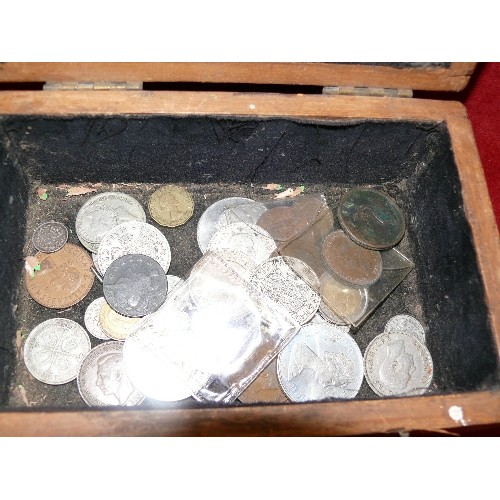 348 - VINTAGE WOODEN BOX WITH CONTENTS OF VARIOUS COINS.