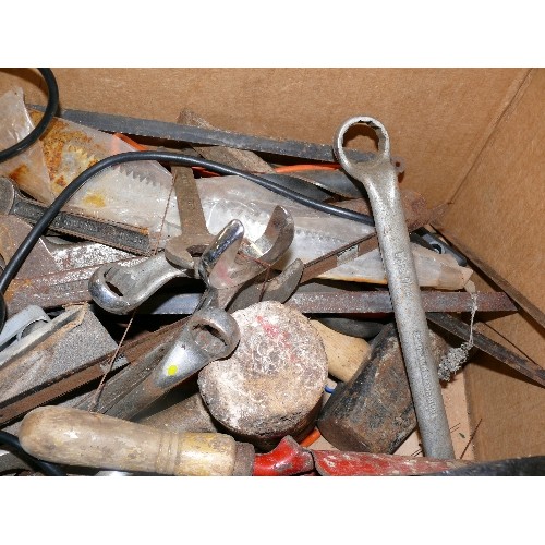 398 - BOX CONTAINING VARIOUS TOOLS INCLUDING ELECTRIC JIGSAW, SPANNERS ETC.