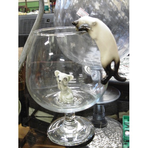 349 - LARGE DECORATIVE BRANDY GLASS PLUS A SMALLER BRANDY GLASS WITH CAT AND MOUSE FIGURES.