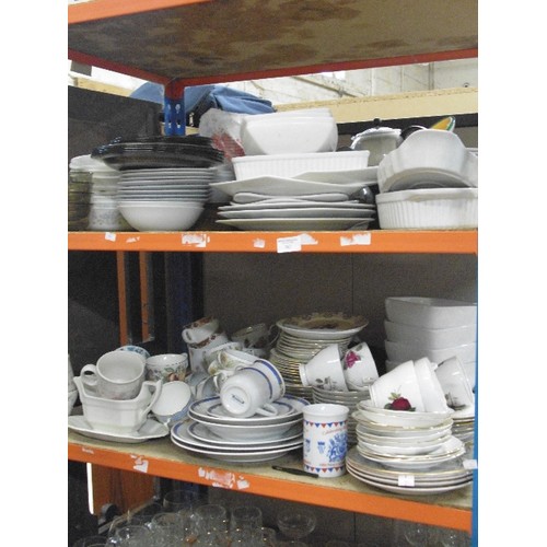 362 - TWO SHELVES OF CERAMICS AND KITCHENWARE.