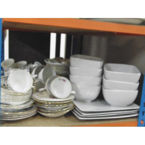 362 - TWO SHELVES OF CERAMICS AND KITCHENWARE.