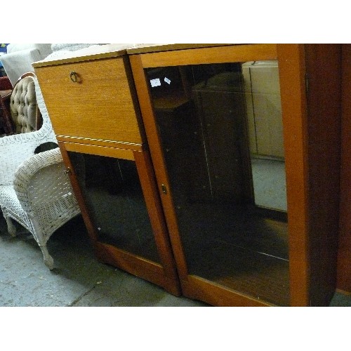 483 - MID-CENTURY DRINKS CUPBOARD WITH PULLDOWN COMPARTMENT PLUS A MATCHING DISPLAY CUPBOARD.