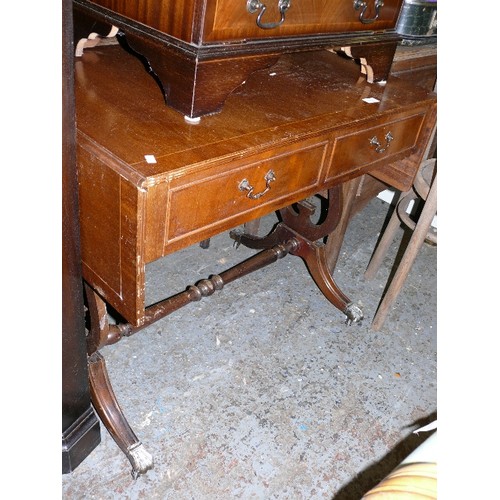 447 - DROP LEAF TABLE WITH FAUX DRAWERS AND CLAW FEET ON CASTORS.