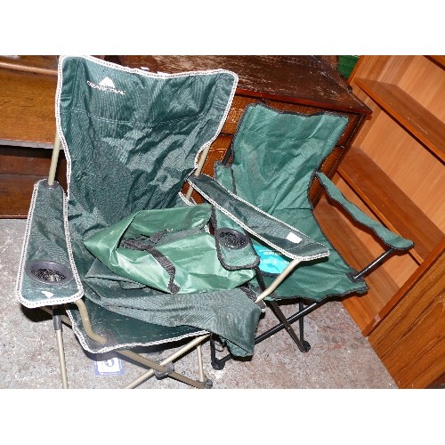 455 - TWO FOLDING FISHING/CAMPING CHAIRS WITH BAGS AND A FIRST AID KIT.