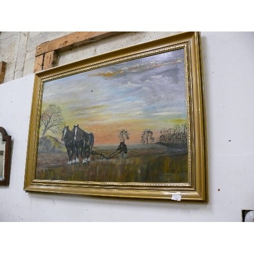 476 - LARGE FRAMED OIL PAINTING OF FARMING SCENE SIGNED W.J. HONEYBOURNE 1972