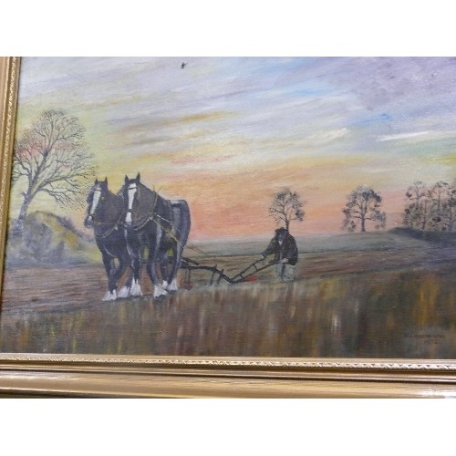 476 - LARGE FRAMED OIL PAINTING OF FARMING SCENE SIGNED W.J. HONEYBOURNE 1972