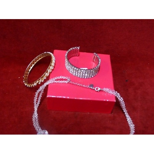 9A - DIAMANTE BANGLE, PEARL AND GOLD METAL BANGLE WITH BOXED BUTLER AND WILSON CRYSTAL NECKLACE.