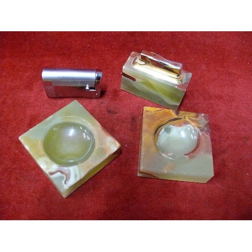 14A - VINTAGE RONSON LIGHTER,  ONYX CASED TABLE LIGHTER WITH TWO SMALL ONYX ASHTRAYS.