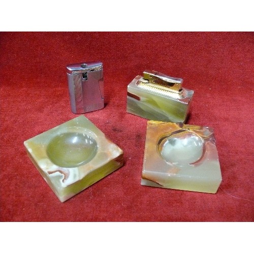 14A - VINTAGE RONSON LIGHTER,  ONYX CASED TABLE LIGHTER WITH TWO SMALL ONYX ASHTRAYS.