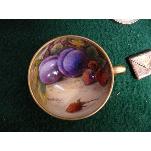 15A - ROYAL WORCESTER MINIATURE TEACUP DECORATED WITH GOLD AND INSIDE PICTURES OF FRUIT.  INSIDE IS A META... 