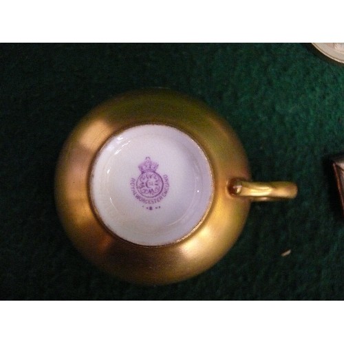 15A - ROYAL WORCESTER MINIATURE TEACUP DECORATED WITH GOLD AND INSIDE PICTURES OF FRUIT.  INSIDE IS A META... 