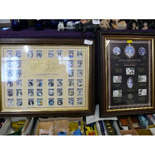 136 - A FRAMED AND GLAZED SET OF RULE BRITANNIA BATTLE OF TRAFALGAR STAMPS PLUS A FUTHER FRAMED AND GLAZED... 