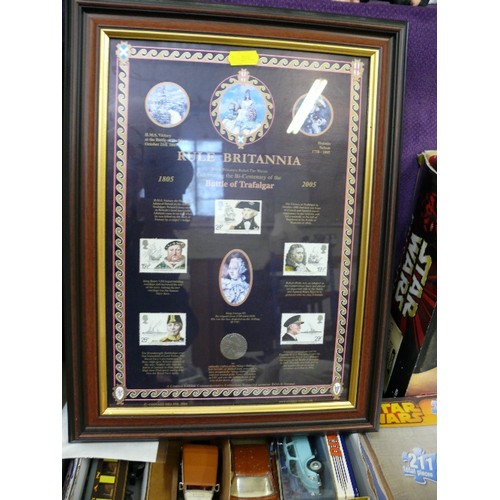 136 - A FRAMED AND GLAZED SET OF RULE BRITANNIA BATTLE OF TRAFALGAR STAMPS PLUS A FUTHER FRAMED AND GLAZED... 