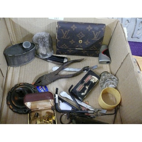 113 - MIXED BOX OF COLLECTABLES TO INCLUDE PEWTER IN DISHES, FLAT IRON, VARIOUS OTHER WOOD AND METAL ITEMS... 