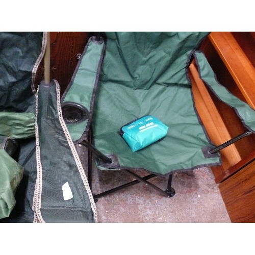 455 - TWO FOLDING FISHING/CAMPING CHAIRS WITH BAGS AND A FIRST AID KIT.