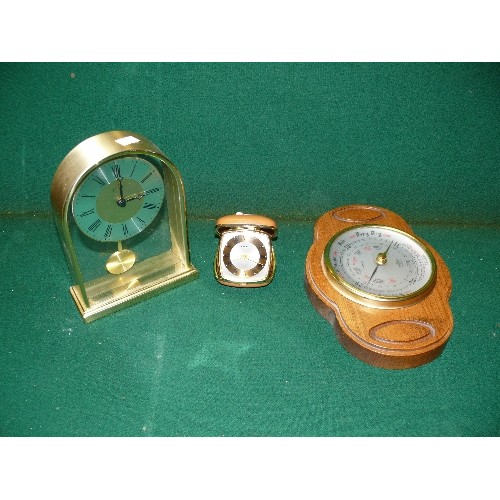 68 - A WOODEN CASED SMITHS BAROMETER, A SMALL CASED TRAVEL CLOCK AND A MANTLE CLOCK.