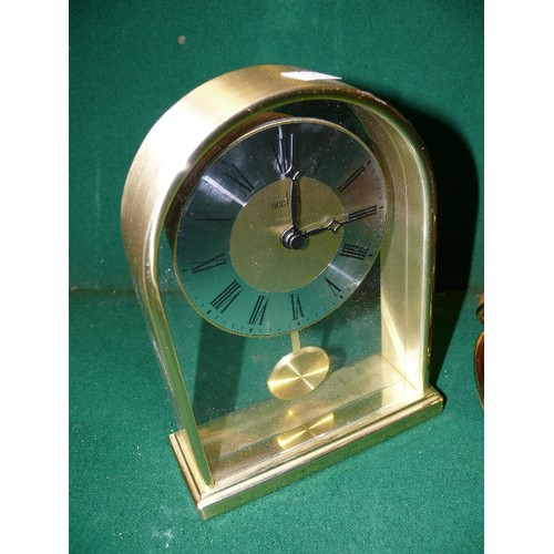 68 - A WOODEN CASED SMITHS BAROMETER, A SMALL CASED TRAVEL CLOCK AND A MANTLE CLOCK.