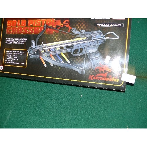 90 - BOXED AND SEALED ANGLO ARMS ALUMINIUM 50LB PISTOL CROSSBOW WITH BOLT HOLDER AND BOLTS.