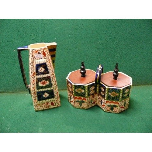 94 - DECORATIVE WADEHEATH IMARI DOUBLE LIDDED POT AND MATCHING IMARI JUG IN THE ART DECO STYLE.