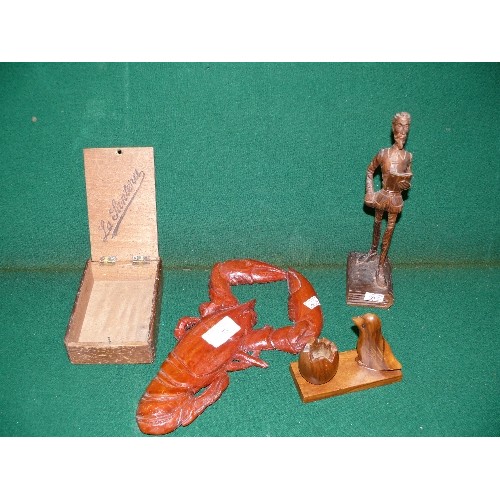 73 - A WOODEN DON QUIXOTE FIGURE, CIGAR BOX, WOODEN BIRD ORNAMENT AND A LOBSTER.