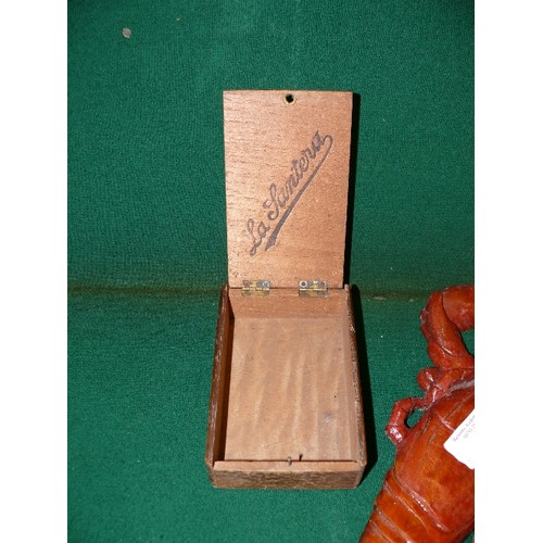 73 - A WOODEN DON QUIXOTE FIGURE, CIGAR BOX, WOODEN BIRD ORNAMENT AND A LOBSTER.