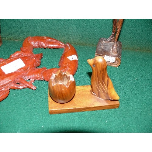 73 - A WOODEN DON QUIXOTE FIGURE, CIGAR BOX, WOODEN BIRD ORNAMENT AND A LOBSTER.