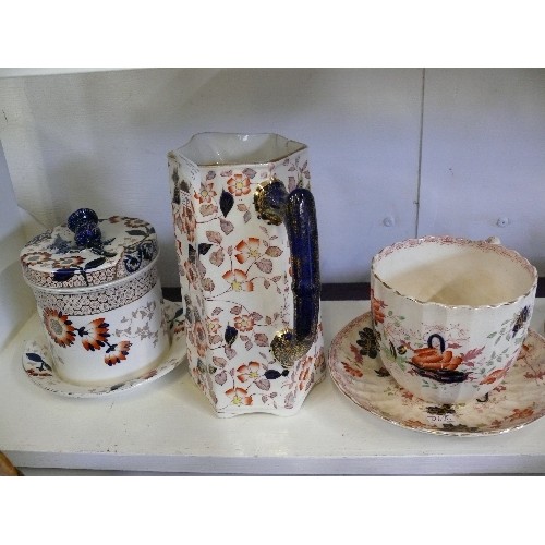 95 - DECORATIVE IMARI JUG, LIDDED POT AND LARGE CUP AND SAUCER.