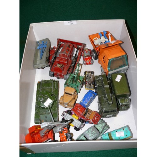 105 - BOX OF VARIOUS COLLECTABLE DIE CAST CARS AND VEHICLES INCLUDING DINKY AND CORGI