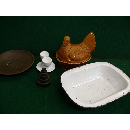 110 - ENAMEL DISH, CHICKEN CROCK, EGG CUPS AND WEIGHTS