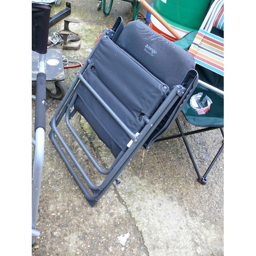 301 - GREEN FOLDING CAMPING CHAIR PLUS A BANGO METAL FRAMED FOLDING CHAIR WITH TAGS AND A METAL FRAMED BLA... 