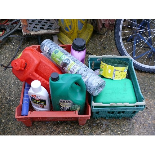 305 - TWO CRATES OF MIXED ITEMS, RONSEAL FENCELIFE, PLASTIC FUEL CAN, FLOWER MAGIC, GARDEN MESH, LAWN EDGI... 