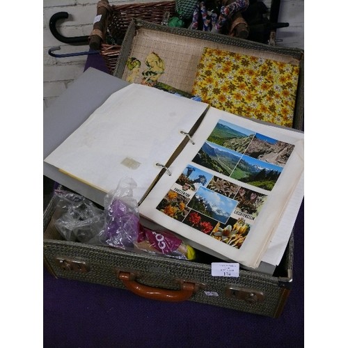 174 - VINTAGE SUITCASE WITH CONTENTS OF MIXED COLLECTABLES INCLUDING POSTCARDS, BADGES AND SEWING ITEMS.