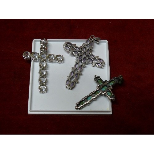 20 - THREE CROSS PENDANTS, ALL SET IN SILVER & MARKED 925, INCLUDING A TURQUOISE AND MARCASITE EXAMPLE.