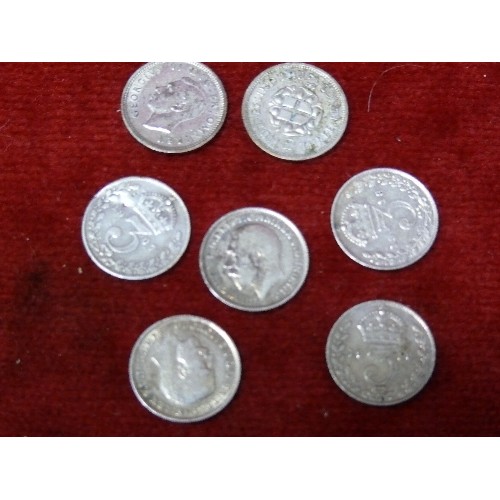 19 - SEVEN SILVER THREEPENNY BITS - EDWARD VII TO GEORGE VI. 1907, 17, 18, 18, 20, 37, 40.