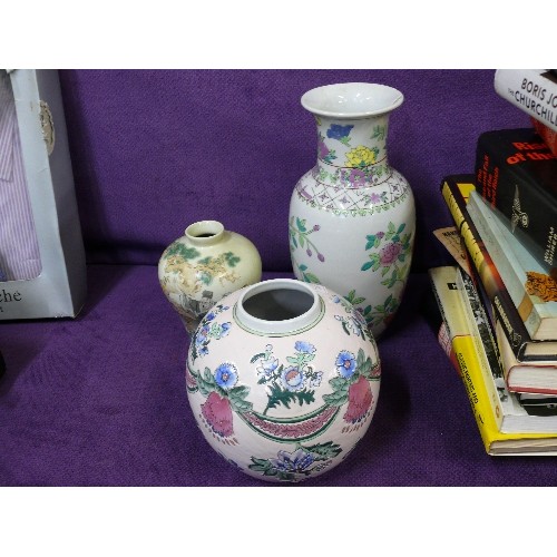 102 - THREE CHINESE VASES, FAMILLE ROSE VASE, AN IMMORTALS VASE AND ONE OTHER.