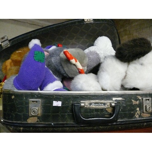 179 - LARGE MIXED LOT INCLUDING SUITCASE WITH CONTENTS OF CUDDLY TOYS, A WALL CABINET, COLLECTORS PLATES A... 