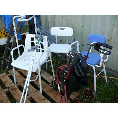 323 - THREE DISABILITY CHAIRS, A WALKER WITH BAG, PAIR OF CRUTCHES AND AN ADJUSTABLE WIDTH BEDSTICK.