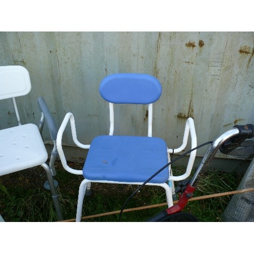 323 - THREE DISABILITY CHAIRS, A WALKER WITH BAG, PAIR OF CRUTCHES AND AN ADJUSTABLE WIDTH BEDSTICK.